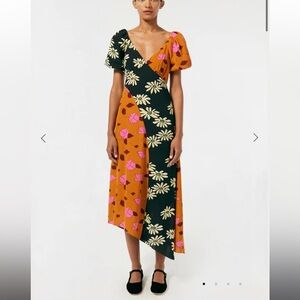 NWT RHODE Asymmetrical Dress in Black, Orange, and Pink Floral